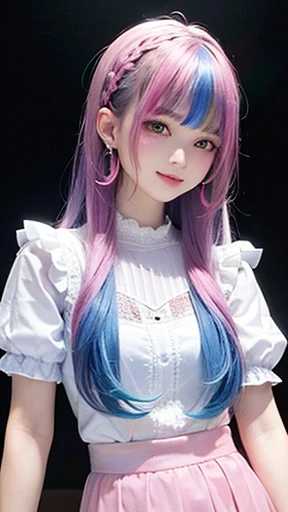 small face、 (alone:1.5,)Super detailed,bright colors, very beautiful detailed anime face and eyes, look straight,  shiny_skin,girl, (((rainbow colored hair, colorful hair, Half blue、half pink hair: 1.2))), 、shiny hair, delicate beautiful face, blush、Glasses、(turquoise eyes), , Valletta, earrings,、flower garden、sunset、(（(Stylish lace mini skirt,Translucent shirt)))、（twin tails）、smile、happy face、face dyed red、cheerful pose、dynamic、Upper body