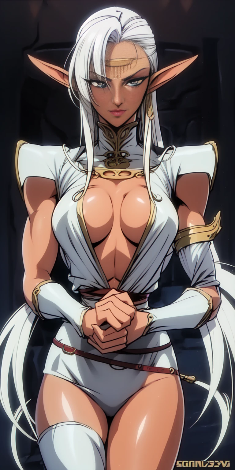 extremely long hair , ponytail, perfect anatomy 1 girl tall solo, slim thick, ((muscular)) high elf toned body, silver breast plate, blue cape, slendered abs, hourglass waist, detailed face, defined cheekbones, puffy lips, gauntlets, gold crown, shadow over eyes, looking at viewer, masterpiece, white thigh highs lingerie,