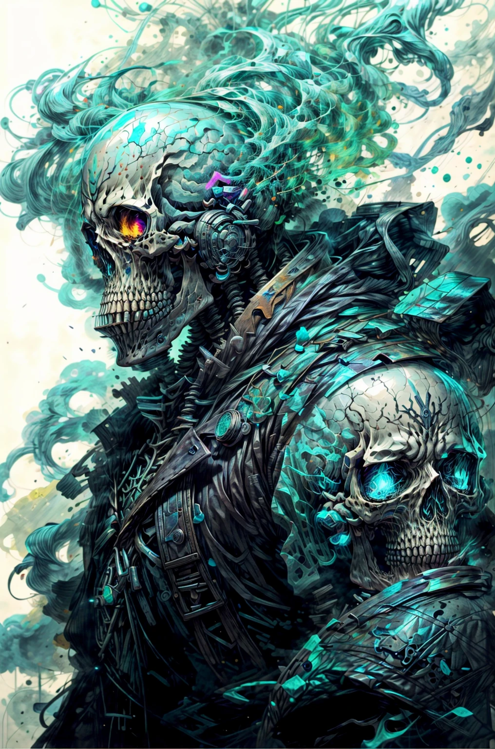 a close up of a person with a skull on their shoulder, fantasy skull, cyberpunk skeleton, amazing portrait of viego, scary detailed art in color, punk grim reaper, cyborg necromancer, great digital art with details, style of simon bisley, undead skeleton king, heavy metal art style, dark but detailed digital art, cyberpunk dark fantasy art