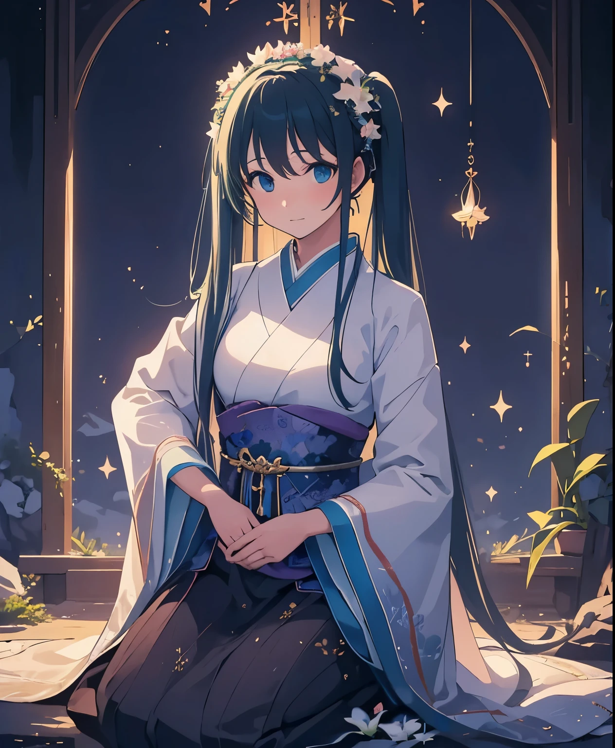 (masterpiece、highest quality、highest quality、official art、beautiful beautiful:1.2)、(1 girl:1.3)Hatsune Miku、twin tails,big breasts,A lily was quietly shining in the darkness。Its chastity iake you feel the darkness around you more deeply、noble beauty, on the contrary, It was alleviating loneliness and despair。Behind the glamorous beauty、There seems to be a hidden dark story.、Everyone was obsessed with the mystery。Japanese clothing、dark