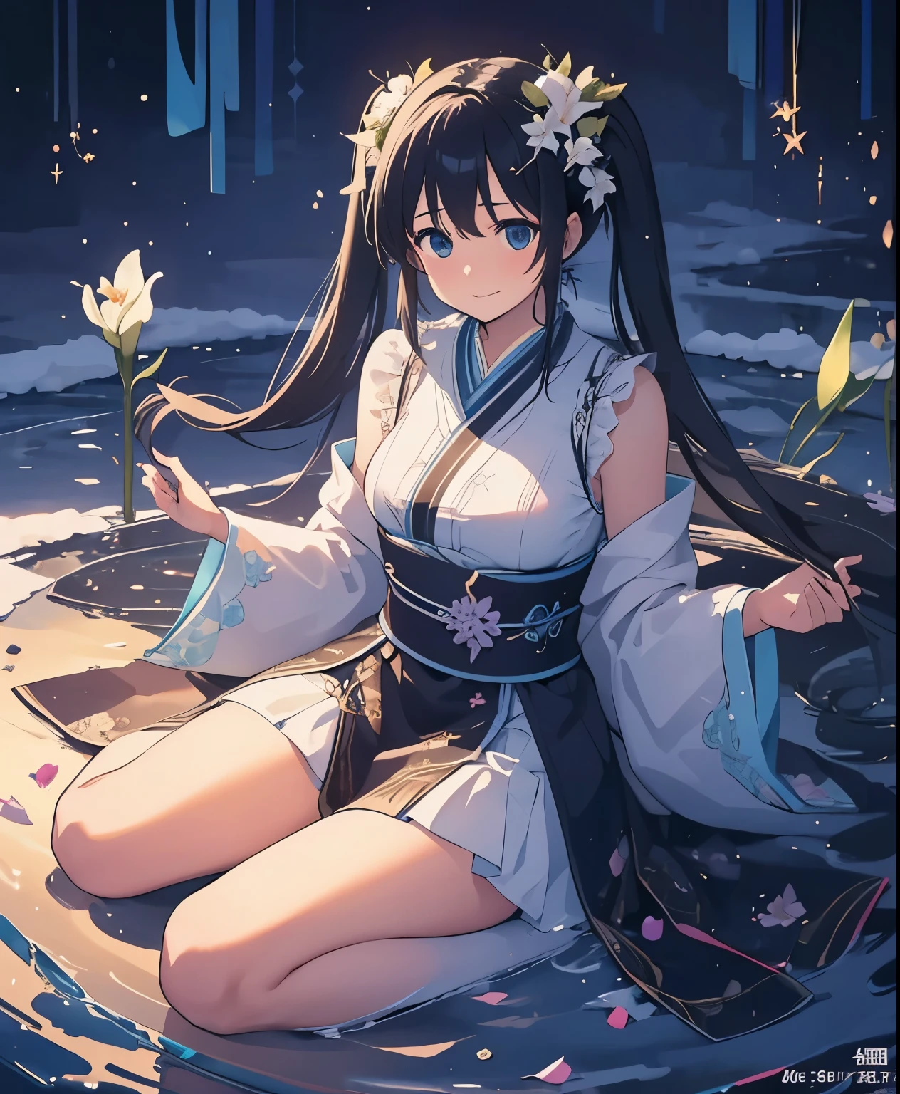 (masterpiece、highest quality、highest quality、official art、beautiful beautiful:1.2)、(1 girl:1.3)Hatsune Miku、twin tails,big breasts,A lily was quietly shining in the darkness。Its chastity iake you feel the darkness around you more deeply、noble beauty, on the contrary, It was alleviating loneliness and despair。Behind the glamorous beauty、There seems to be a hidden dark story.、Everyone was obsessed with the mystery。Japanese clothing、dark