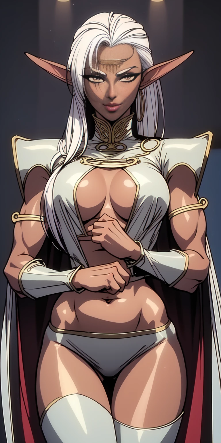 extremely long hair , ponytail, perfect anatomy 1 girl tall solo, slim thick, ((muscular)) high elf toned body, silver breast plate, blue cape, slendered abs, hourglass waist, detailed face, defined cheekbones, puffy lips, gauntlets, gold crown, shadow over eyes, looking at viewer, masterpiece, white thigh highs lingerie,