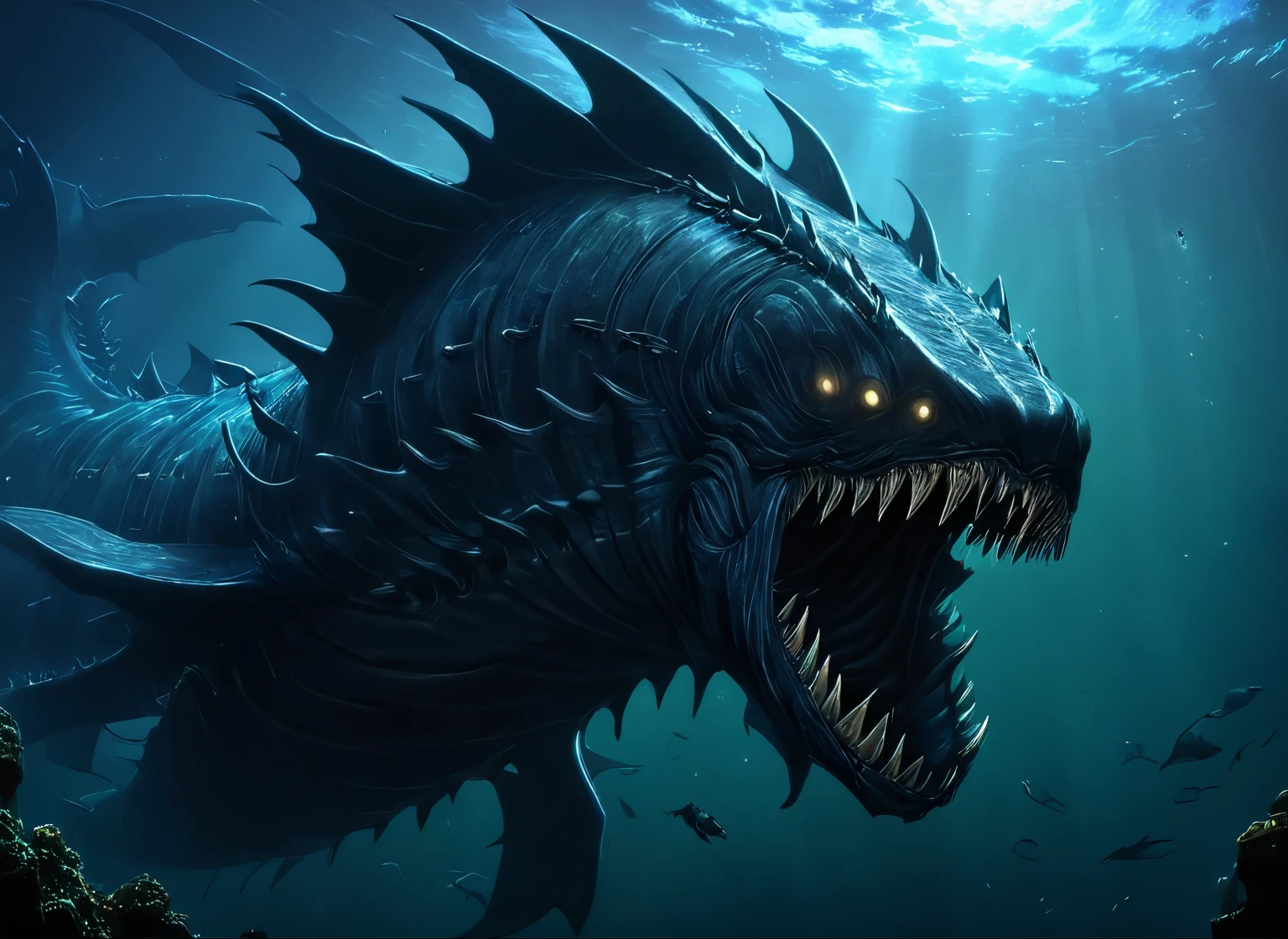 Leviathan Sea Monster, in water, Under the Ocean, depth, (masterpiece), highest quality, High resolution, 4k, 8K, intricate details, cinematic lighting, amazing quality, great shading, soft lighting, dark color, dark aura, horror