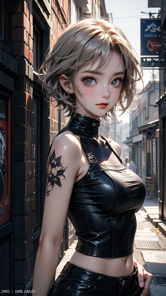 (Highly detailed CG unit 8k wallpaper, masterpiece, High resolution, highest quality, natural skin texture), ((20 year old woman, Composition from head to stomach, upper body focus)), smile, detailed eyes, gradient eyes, grunge fashion, Asymmetrical punk short hair:1.2, ash gray hair, A deserted back alley in Paris:1.3, cinematic lighting, anime style, digital painting, concept art,