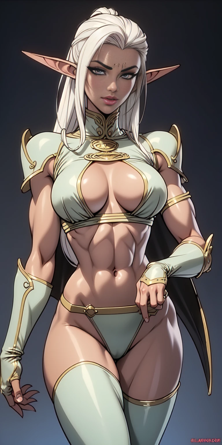 extremely long hair , ponytail, perfect anatomy 1 girl tall solo, slim thick, ((muscular)) high elf toned body, silver breast plate, blue cape, slendered abs, hourglass waist, detailed face, defined cheekbones, puffy lips, gauntlets, gold crown, shadow over eyes, looking at viewer, masterpiece, white thigh highs lingerie,