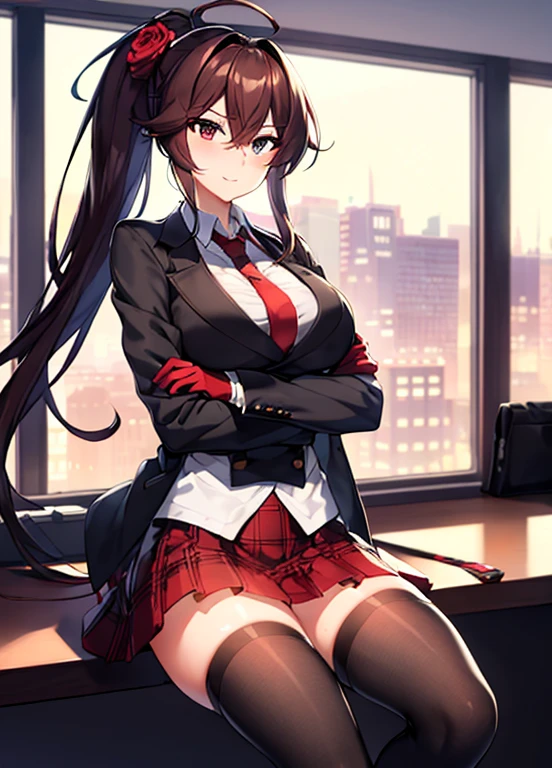 masterpiece, best quality, ultra-detailed, illustration, warm lighting, bright colors, 1girl,solo, long hair, very long hair, chifuyu, crossed arms, amused, sitting, office, office work,

action, ahoge, bangs, black_jacket, blue_eyes, breasts, brown_hair, brown_vest, buttons, closed_mouth, collared_shirt, double-breasted, dress_shirt, flower, gloves, hair_between_eyes, hair_flower, hair_ornament, hair_over_eyes, jacket, light_particles, long_sleeves, looking_at_viewer, necktie, plaid, plaid_skirt, pleated_skirt, ponytail, red_flower, red_necktie, red_rose, red_skirt, rose, shirt, skirt, thighhighs, vest, weapon, white_shirt, zettai_ryouiki