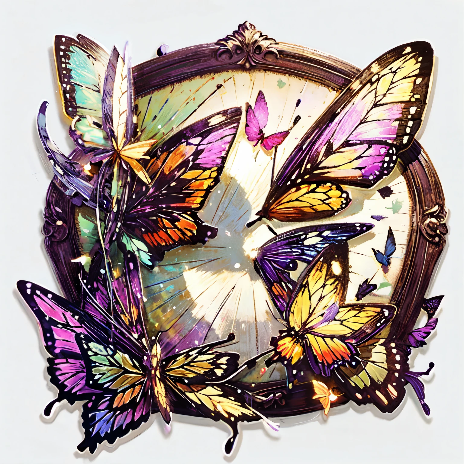 Butterfly, white background, neon butterfly, sticker, purple butterfly, graceful butterfly, glass butterfly, exquisite butterfly, brush object, art supplies. The background is a brush, a butterfly sits on a paintbrush.