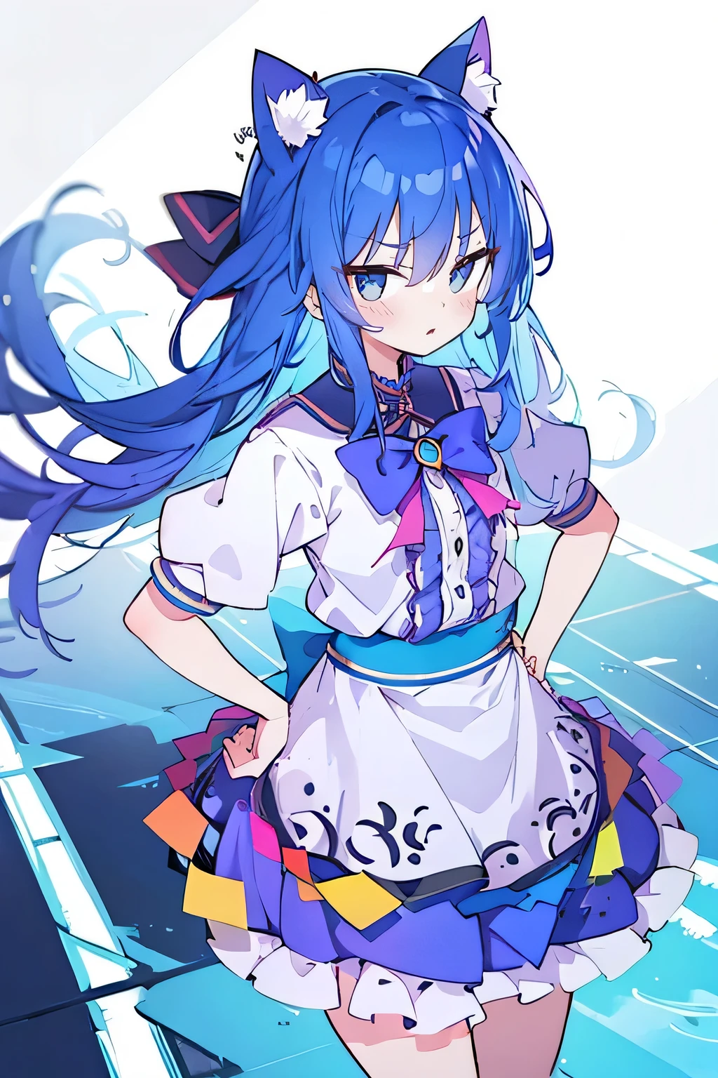 (masterpiece),best quality, expressive eyes, perfect face, 1girl,
Put your hands on your waist,fair, Gorgeous,Japanese cartoons,girl,lola,Hina Angel, blue hair, blue haired, floating clothes,Grab your waist, Grab your waist, hands on hips , hands on hips,sit, sit on ground, Legs on the ground, flat chest,cat ears,