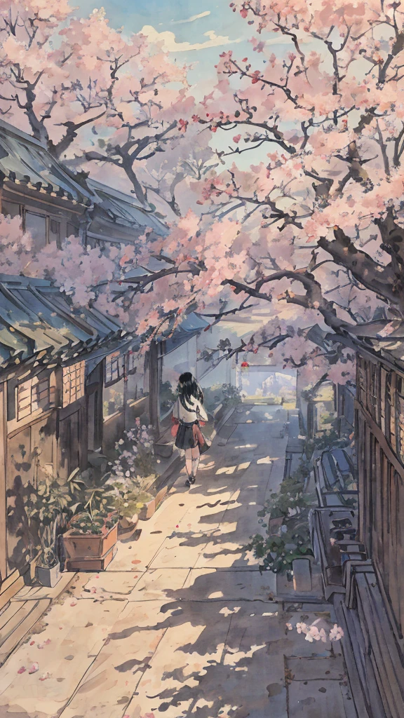 highest quality, masterpiece, very detailed, detailed background, anime, girl1名, 若いgirl, girl, SF, cherry blossoms, outdoor, morning, greenhouse, giant structure, Wind景, scenery, horizon, walking down the street, Wind, look away, atmosphere lighting, focus only, close, From the side, Depth of written boundary,black hair,cute,beautiful