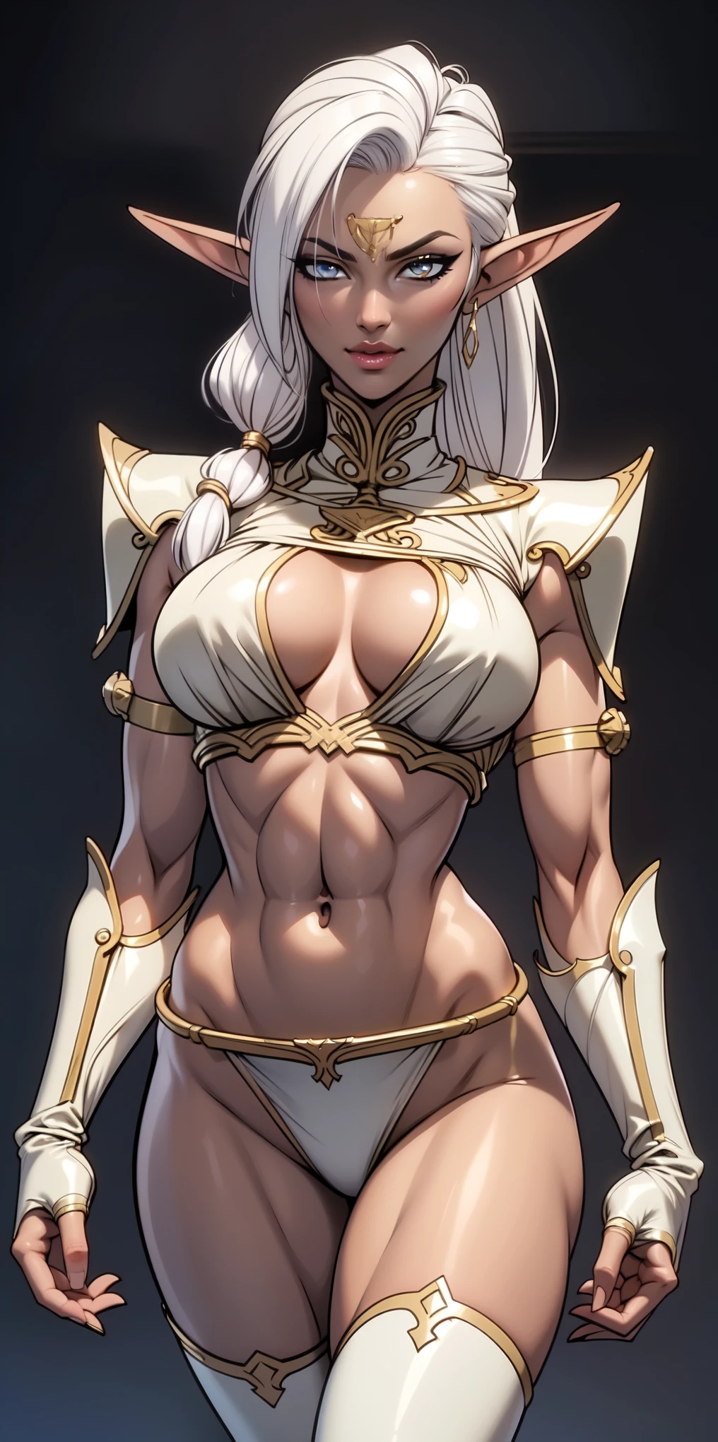extremely long hair , ponytail, perfect anatomy 1 girl tall solo, slim thick, ((muscular)) high elf toned body, silver breast plate, blue cape, slendered abs, hourglass waist, detailed face, defined cheekbones, puffy lips, gauntlets, gold crown, shadow over eyes, looking at viewer, masterpiece, white thigh highs lingerie,