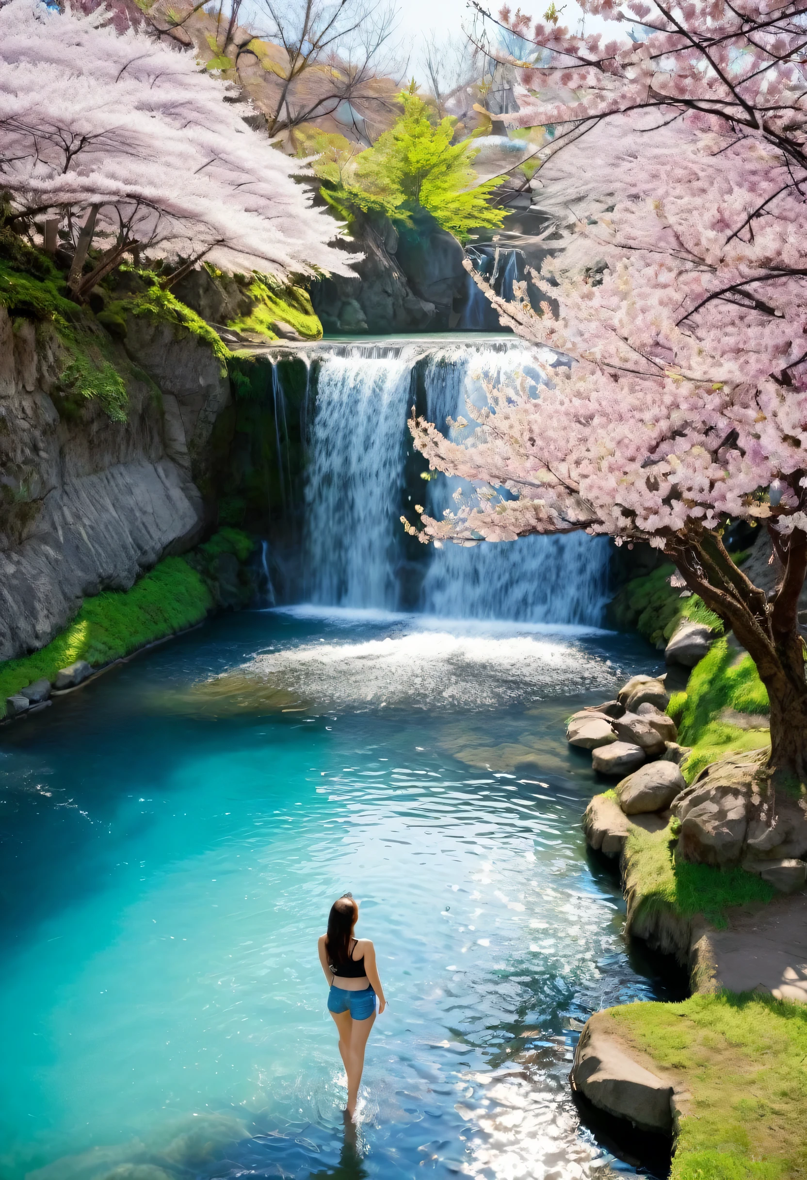 Photo quality, a masterpiece, depicts a charming scene of a spring grove with cherry blossoms in bloom. Beautiful cherry blossom colors tint the landscape. In the heart of the forest, there is a quiet fountain, surrounded by rocks fringing the shore. A graceful waterfall cascades gently into the foothill, creating a soothing sound of running water. The crystal-clear waterfall is reflected in the blue spring sky and cherry blossoms. A beautiful Caucasian woman is alone exploring this enchanting landscape. She is wearing short pants,