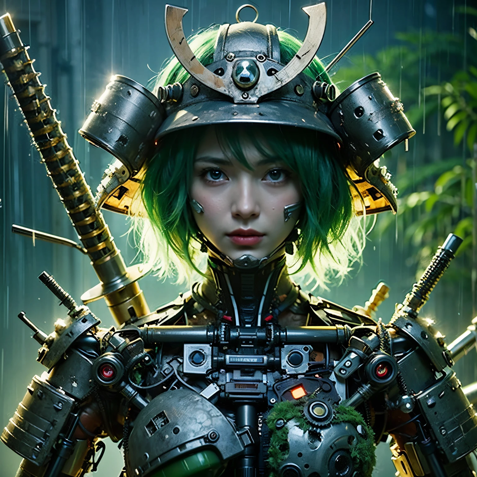 (top-quality:1.2, masterpiece)、ultra high resolution、extremely ultra surrealism, (Photorealsitic:1.4)、Raw photo、(Steampunk Battle Cyborg fallen angel)、large wings made of metal、black porcelain body、red hair、glowy skin、1 Cyborg girl、(mechanical frame:1.3)japanese, extremely cute face, ((super realistic details))、portrait、globalillumination、Shadow、octan render、8K、ultrasharp、character edge light、Details of complex ornaments、Acrylic Clear Cover、Sumerian details、Hydraulic cylinder、Small LED lamp、highly intricate detail、Realistic light、a purple eye、radiant eyes、Facing the camera、neon details、cowboy shot、Futuristic headgear、About Cyberpunk