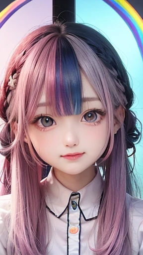 small face、 (alone:1.5,)Super detailed,bright colors, very beautiful detailed anime face and eyes, look straight, shiny_skin,girl, (((rainbow colored hair, colorful hair, Half blue、half pink hair: 1.2))), 、shiny hair, delicate beautiful face, blush、Glasses、(turquoise eyes), , Valletta, earrings,、flower garden、sunset、(((Translucent shirt)))、(twin tails)、smile、happy face、face dyed red、cheerful pose、dynamic、Upper body