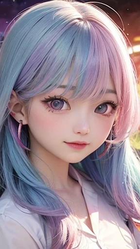 small face、 (alone:1.5,)Super detailed,bright colors, very beautiful detailed anime face and eyes, look straight, shiny_skin,girl, (((rainbow colored hair, colorful hair, Half blue、half pink hair: 1.2))), 、shiny hair, delicate beautiful face, blush、Glasses、(turquoise eyes), , Valletta, earrings,、flower garden、sunset、(((Translucent shirt)))、(twin tails)、smile、happy face、face dyed red、cheerful pose、dynamic、Upper body