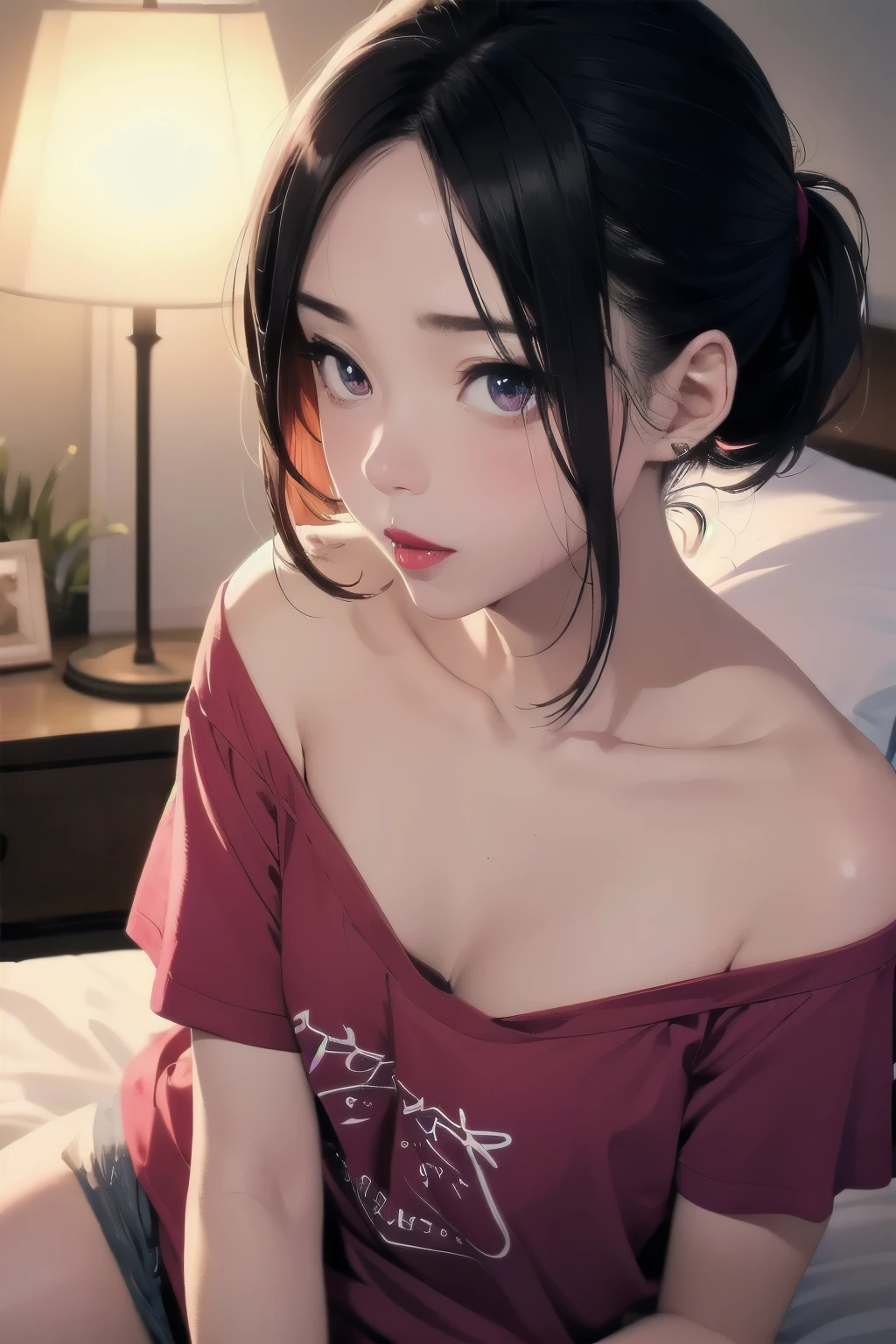 Close up shot, cute , black hair in two medium ponytails, sexy eyes, intense eye contact, small nose, red lips, orgasmic face, neck, collarbone, loose dark pink t shirt, bare shoulder, lying in bed, bed, bedroom, dark room, one lamp,, in bed