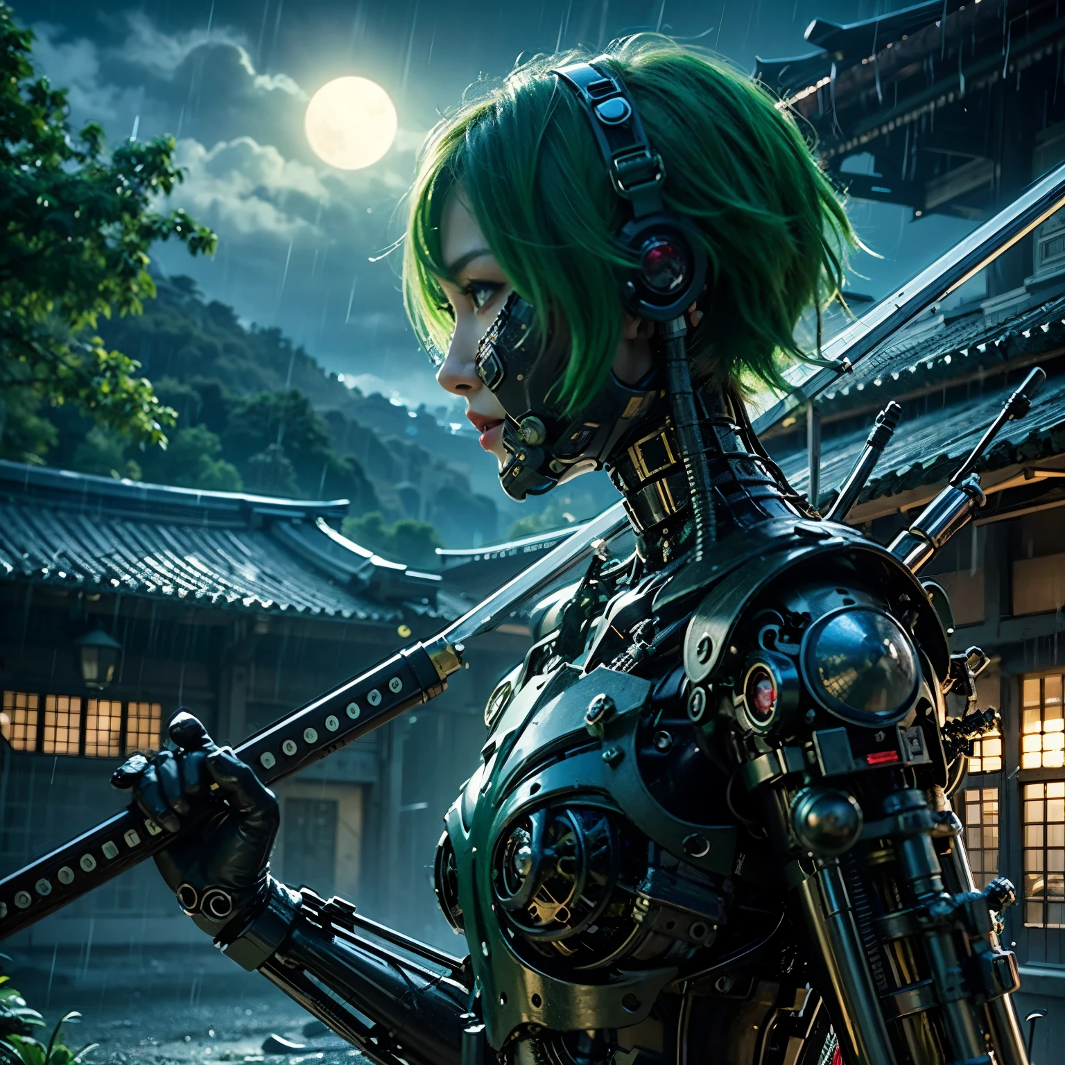 (top-quality:1.2, masterpiece)、ultra high resolution、extremely ultra surrealism, (Photorealsitic:1.4)、Raw photo、(Steampunk Battle Cyborg fallen angel)、large wings made of metal、black porcelain body、red hair、glowy skin、1 Cyborg girl、(mechanical frame:1.3)japanese, extremely cute face, ((super realistic details))、portrait、globalillumination、Shadow、octan render、8K、ultrasharp、character edge light、Details of complex ornaments、Acrylic Clear Cover、Sumerian details、Hydraulic cylinder、Small LED lamp、highly intricate detail、Realistic light、a purple eye、radiant eyes、Facing the camera、neon details、cowboy shot、Futuristic headgear、About Cyberpunk