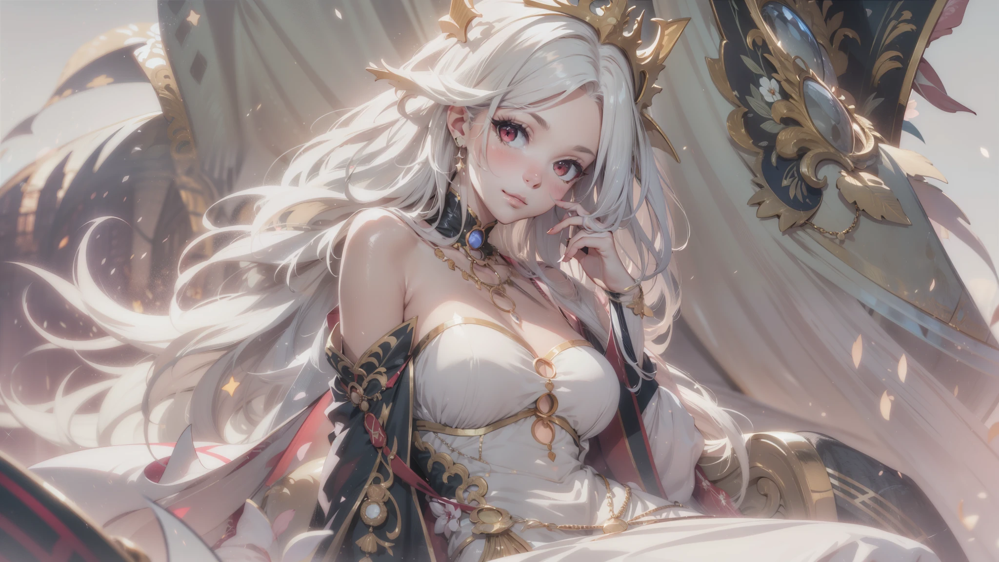 Night view,star,(White Hair Girl:1.5),((masterpiece))、(detailed:1.4)(close)、Top view、(Backlight)(A fantastic atmosphere、Ancient capital、Amazing beauty images,One Woman、white dust、Light and dance-like、Suspended particles), (Black Dress、Long dress with sleeves、Exposing shoulders、Off the shoulder)、(Gray hair that changes with light、length, Lustrous gray hair、WHITE hair fluttering in the wind、Beautiful Bangs:1.3)、(Beautiful white and shining skin、Cheek gloss highlighter、Sexy and very beautiful and adorable face、The most beautiful face in the world、big, Sparkling blue eyes)、(Cute 25 year old girl、Ample breasts、Great cleavage and a tiny waist、Delicate shoulders、Perfect figure)