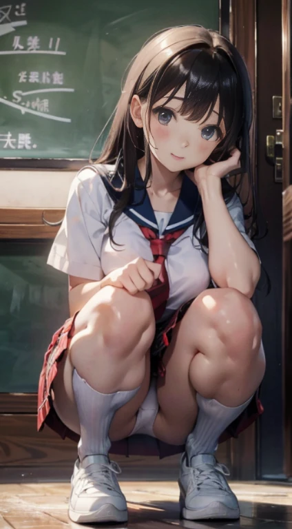 Anime girl sitting in front of the blackboard in the classroom, beautifulアニメのhigh school girl, cuteアニメの女の子, white panties,cute, seductive anime girl, anime moe art style, squatbeautifulアニメの女の子, anime best girl, Smooth anime CG art, attractive anime girl, cotton panties,young anime girl、sneakersを履く、white panties、full color、(highest quality:1.2)、High resolution、High resolution、In 8K、genuine実写、Raw photo、highest quality、masterpiece、 very delicate、High resolutionの生のカラー写真、professional photography、 wonderful face and eyes、超High resolution、Raw photo、beautiful、beautiful、beautiful girl、(alone:1.2)、 black hair、big breasts 、blush、smile、big breasts、 view audience、squat、(Crouching panty shot:1.2)、fully exposed panties、blush、shy smile、Obscene content、porn、high school girl、alone座る'knees、sit with your heels on the ground、両手でkneesを抱える、turn your shins forward、body facing forward、sit with your heels on the ground、spread your legs、open crotch、white panties、8k photo、Live shooting、最High resolution、masterpiece:1.2、genuine、photogenuineistic、high contrast、photon mapping、genuineism、Super detailed、professional lighting、Low - Angle:1.2)、(1 girl)、(alone:1.5)、(Height is 165cm), (16才のhigh school girl), (Japanese high school uniform)、(summer blouse:1.2)、(red plaid short skirt:1.2)、(white shirt with student red ribbon:1.2)、(squatting down looking straight ahead)、(open crotch:1.2), (white panties:1.5)、(camel toe)、(sneakers:1.2)、 (perfect proportions:1.2), (スカートの下からwhite pantiesが見える:1.5), (Detailed shape of a woman'Private parts are clearly visible:1.4), (have pubic hair:1.4), (rough skin)、I can see the cleavage、(8K、Raw photo、highest quality、masterpiece:1.2)、(genuineistic、フォトgenuine)、1 girl、((white blouse、sailor suit、red tie、knees下丈の赤チェックプリーツスカート))、(high school girl)、rolled up the skirt、gal、lots of eyelashes、Glitter on your eyelids、skeletally correct、thighs are open、wavy twin tails、cutesmile、魅力的なボディ beautiful完璧なボディ、V line emphasis、put your hands behind your head、Beautifully aligned fingertips、