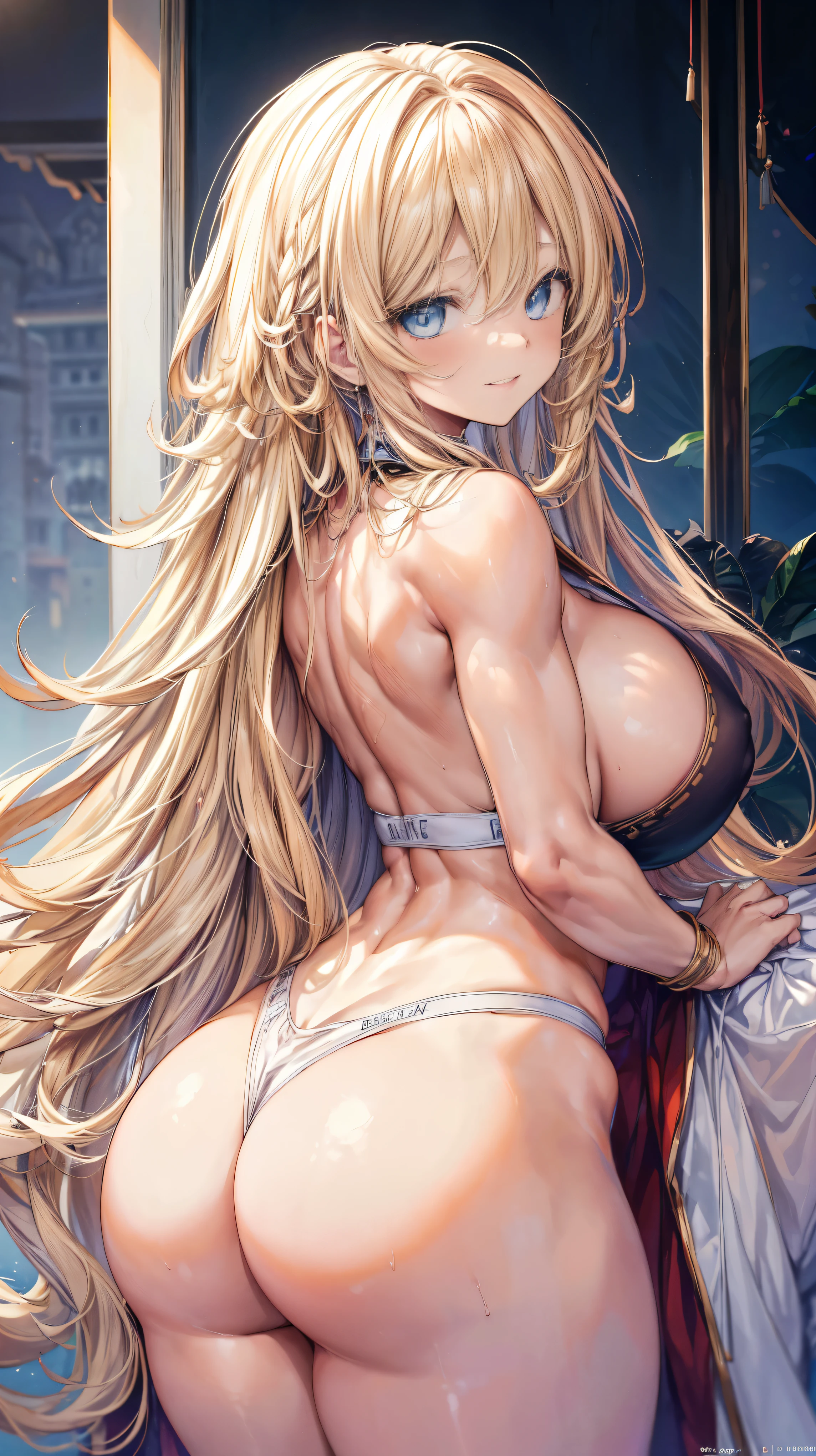 sensual, ((long blonde curly hair)), thick thighs, 8k, 4k, highest quality, High resolution:1.2), cute anime face, noise reduction, ((shining blue eyes, gentle smile, kind eyes))、toned abdominal muscles, muscular arms, muscular legs,  young face, anime eyes, (((big breasts、A chest that is about to burst)))、(((bondage style)))、(((Rear view、I&#39;ll turn around、emphasize the buttocks、T-back that digs into your butt)))、(((white string)))