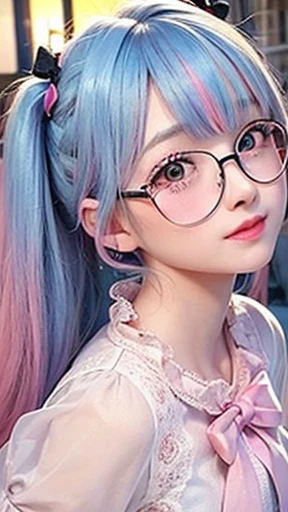 small face、 (alone:1.5,)Super detailed,bright colors, very beautiful detailed anime face and eyes, look straight, shiny_skin,girl, (((rainbow colored hair, colorful hair, Half blue、half pink hair: 1.2))), 、shiny hair, delicate beautiful face, blush、Glasses、(turquoise eyes), , Valletta, earrings,、flower garden、sunset、(((Stylish lace mini skirt,Translucent shirt)))、(twin tails)、smile、happy face、face dyed red、cheerful pose、dynamic、Head to toe full body portrait、(I can see the whole body)