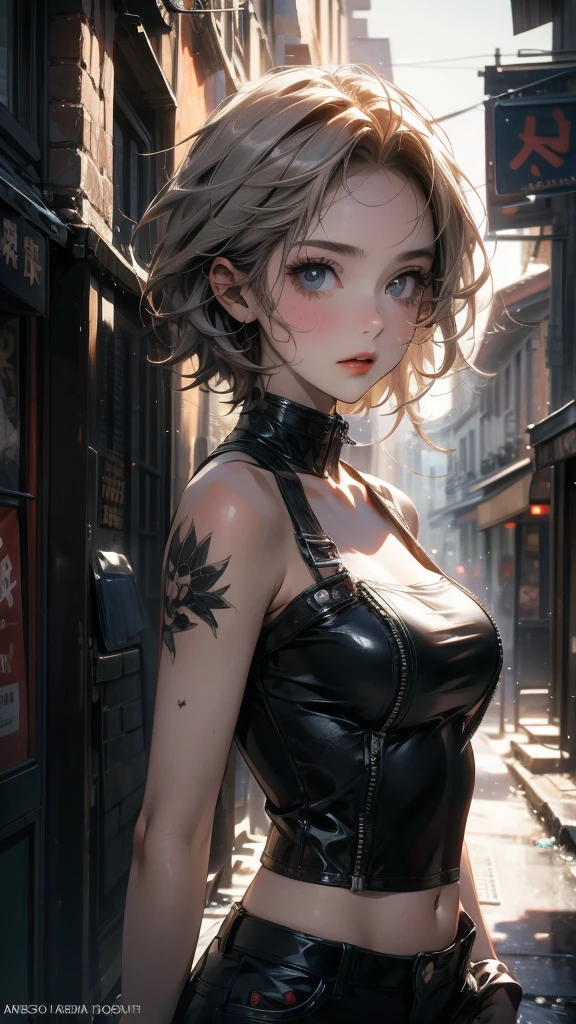 (Highly detailed CG unit 8k wallpaper, masterpiece, High resolution, highest quality), ((20 year old woman, Composition from head to stomach, upper body focus)), smile, detailed eyes, grunge fashion, Asymmetrical punk short hair:1.2, ash gray hair, A deserted back alley in Paris:1.3, cinematic lighting, anime style, digital painting, concept art,