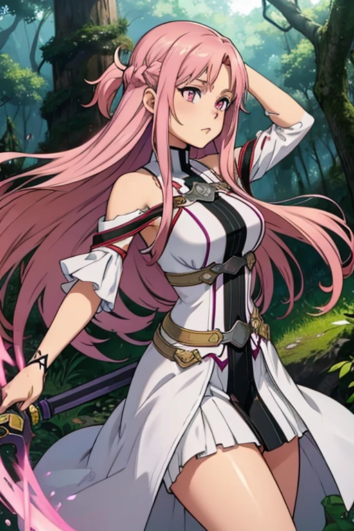 A pink haired woman with violet eyes with an hourglass figure in an Asuna cosplay is spinning scythe in a forest