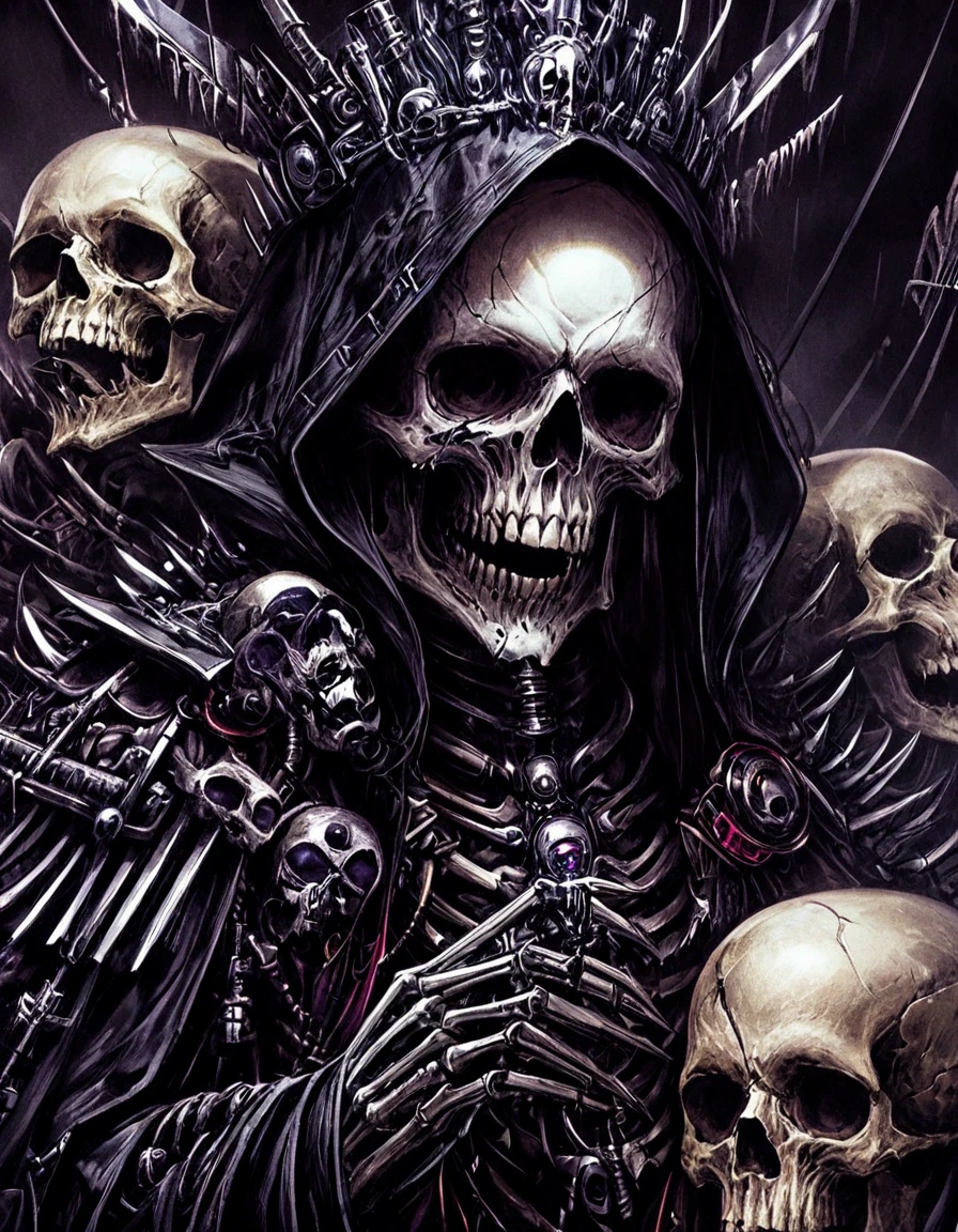 a close up of a person with a skull on their shoulder, fantasy skull, cyberpunk skeleton, amazing portrait of viego, scary detailed art in color, punk grim reaper, cyborg necromancer, great digital art with details, style of simon bisley, undead skeleton king, heavy metal art style, dark but detailed digital art, cyberpunk dark fantasy art
