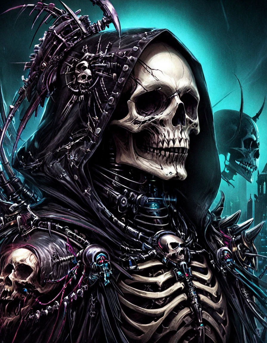 a close up of a person with a skull on their shoulder, fantasy skull, cyberpunk skeleton, amazing portrait of viego, scary detailed art in color, punk grim reaper, cyborg necromancer, great digital art with details, style of simon bisley, undead skeleton king, heavy metal art style, dark but detailed digital art, cyberpunk dark fantasy art
