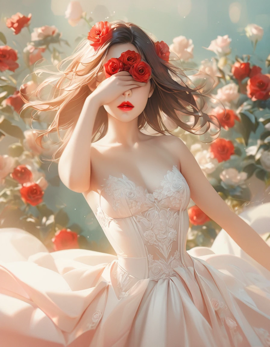 (best quality:1.2),a beautiful woman,red flowers covering her eyes,red lips,ethereal white wedding dress,slender waist,dynamic poses,romantic lighting,soft pastel colors,artistic floral background,subtle bokeh,photorealistic portraits