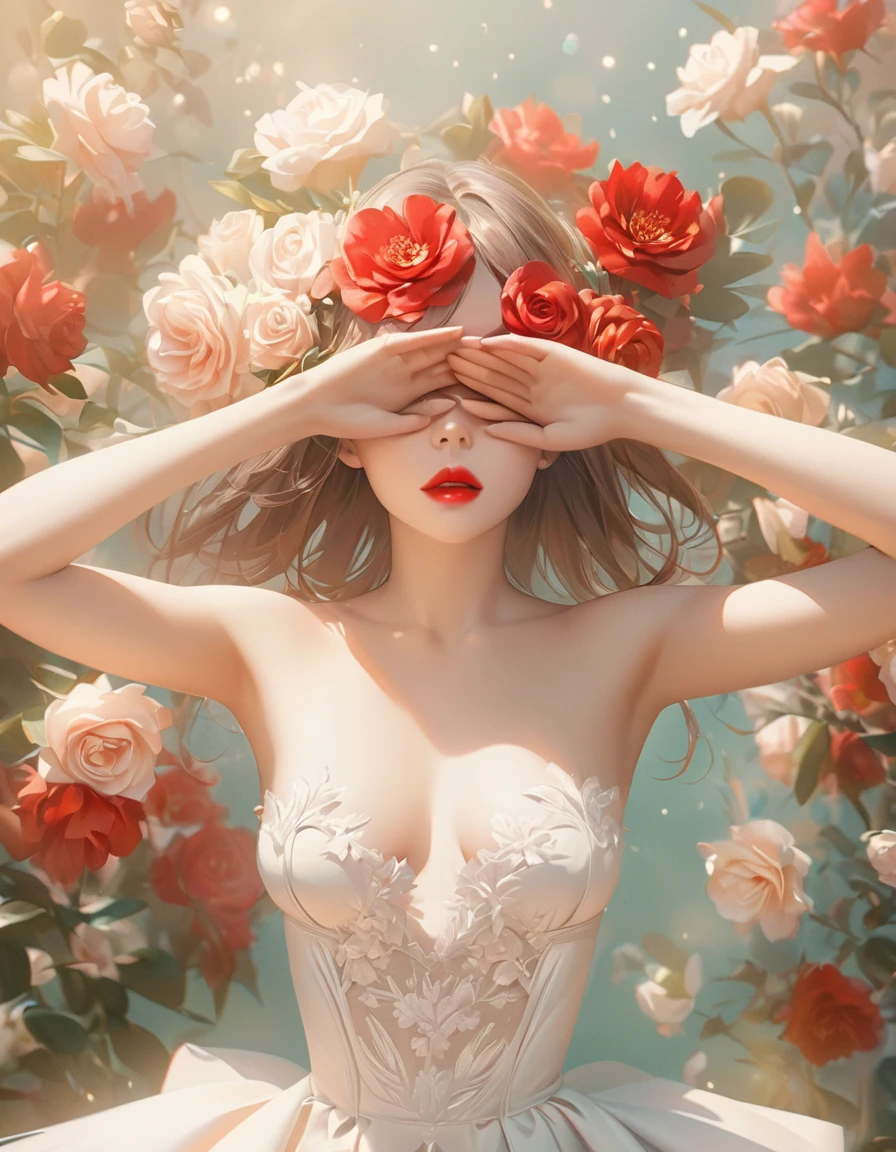 (best quality:1.2),a beautiful woman,red flowers covering her eyes,red lips,ethereal white wedding dress,slender waist,dynamic poses,romantic lighting,soft pastel colors,artistic floral background,subtle bokeh,photorealistic portraits