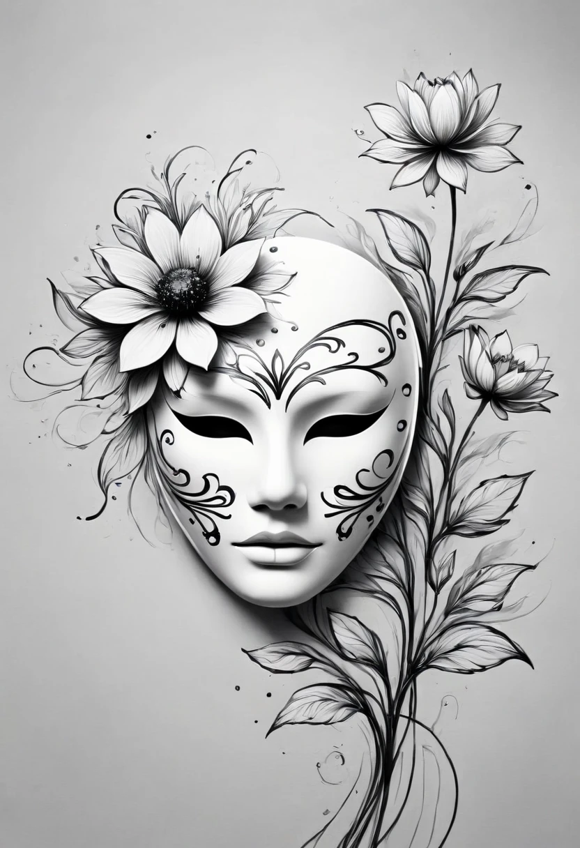 (Anime line drawing:1.5)，(black and white painting:1.45)，minimalism，(line art:1.6)，outline，mask，flowers,Illustration in surreal art style，surreal dream，Dubrec style,