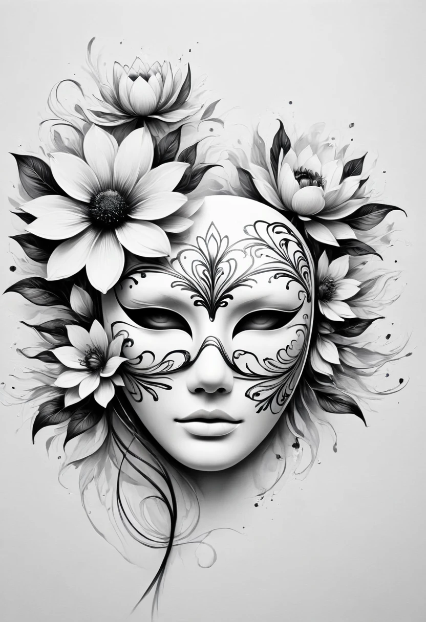 (Anime line drawing:1.5)，(black and white painting:1.45)，Minimalism，(line art:1.6)，sketch，mask，flower,Illustration in surreal art style，surreal dream，Dubrec style,