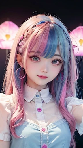 small face、 (alone:1.5,)Super detailed,bright colors, very beautiful detailed anime face and eyes, look straight, shiny_skin,girl, (((rainbow colored hair, colorful hair, Half blue、half pink hair: 1.2))), 、shiny hair, delicate beautiful face, blush、Glasses、(turquoise eyes), , Valletta, earrings,、flower garden、sunset、(((Stylish lace mini skirt,Translucent shirt)))、(twin tails)、smile、happy face、face dyed red、cheerful pose、dynamic、Head to toe full body portrait、(I can see the whole body)