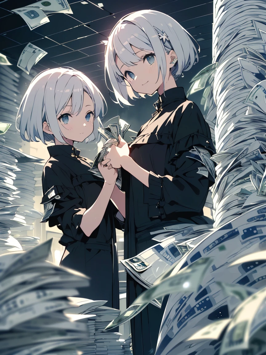 (highest quality、masterpiece、High resolution、detailed)、(Shining eyes、detailed美しい顔)、smile、(1 girl、short hair)、(silver hair)、(casual outfit)、(Holding many stacks of bills in both hands:1.9)、(cash money:1.8)、(bright theme)、(beautiful anime)、(Stacks of bills are flying around)