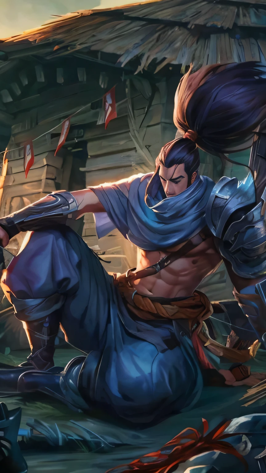 Image of a man with a sword and long hair, Yasuo, League of legends characters, League of legends characters art, League of Legends Flash Painting,  League of Legends Art, From League of Legends, Realism