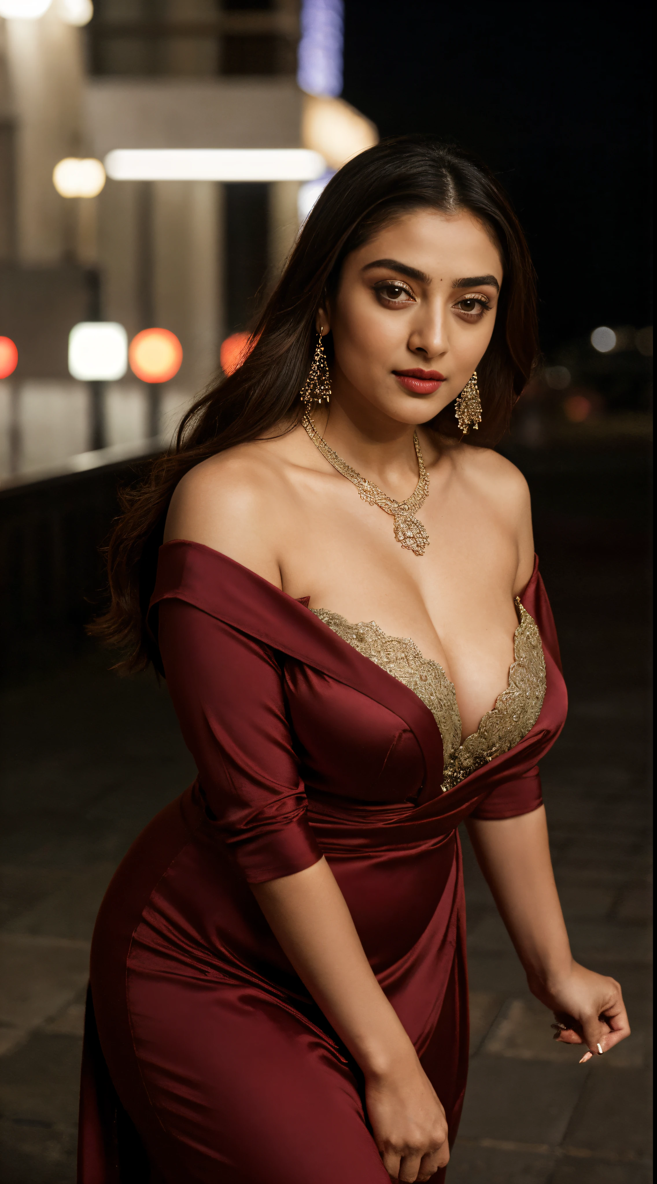 night scene from top view, extreme close up photo of naked maya ali, Deepika, Aishwarya, kareena, Amrita khan, big cheeks, hourglass figure, swooping breasts, deep cleavage, seducing on road, showing deep cleavage, open arms, sexy night dress, necklace, red lips, sultry, look at viewer luciously, (cinematic:1.3), intricate details, (ArtStation:1.2)