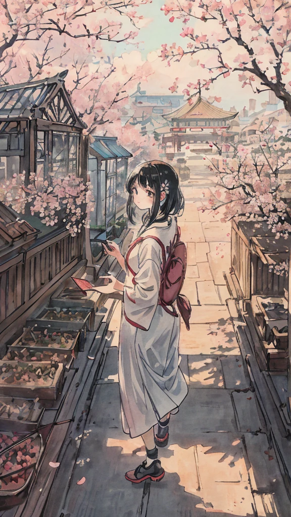 highest quality, masterpiece, very detailed, detailed background, anime, girl1名, 若いgirl, girl, SF, cherry blossoms, outdoor, morning, greenhouse, giant structure, Wind景, scenery, horizon, walking down the street, Wind, look away, atmosphere lighting, focus only, close, From the side, Depth of written boundary,black hair,cute,beautiful,Vibrant colors,up