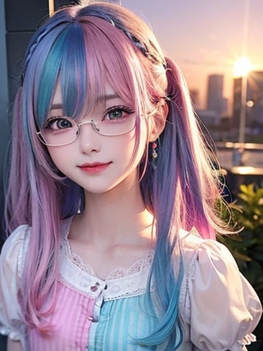 small face、 (alone:1.5,)Super detailed,bright colors, very beautiful detailed anime face and eyes, look straight, shiny_skin,girl, (((rainbow colored hair, colorful hair, Half blue、half pink hair: 1.2))), 、shiny hair, delicate beautiful face, blush、Glasses、(turquoise eyes), , Valletta, earrings,、flower garden、sunset、(((Stylish lace mini skirt,Translucent shirt)))、(twin tails)、smile、happy face、face dyed red、cheerful pose、dynamic、Head to toe full body portrait、(I can see the whole body)