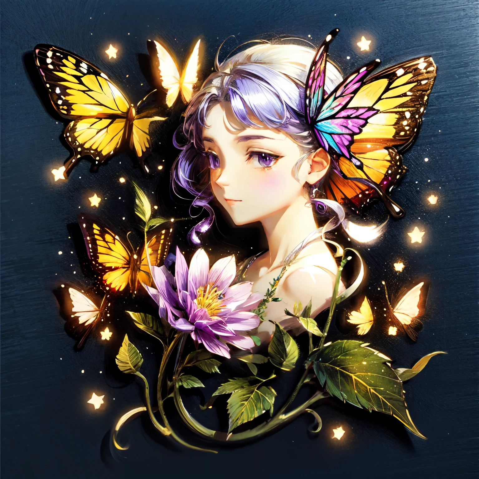 Butterfly, white background, neon butterfly, sticker, purple butterfly, graceful butterfly, glass butterfly, exquisite butterfly, brush object, art supplies. The background is a brush, a butterfly sits on a paintbrush.