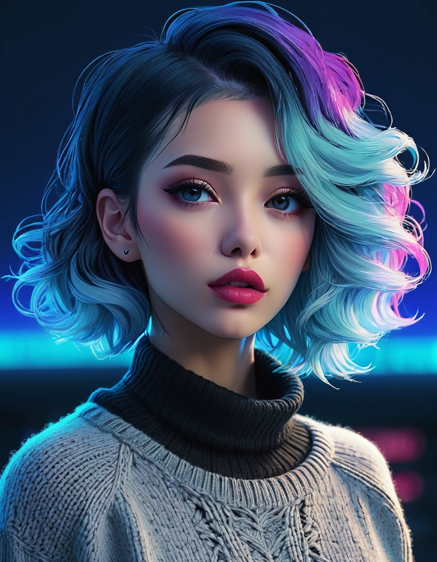 (best quality, sketch:1.2),realistic,illustrator,anime,1 girl, detailed lips,sweater,custom,blue gradient background,neon hair,textured cropping,Canadian, masterpiece, style retro classic, noir dark