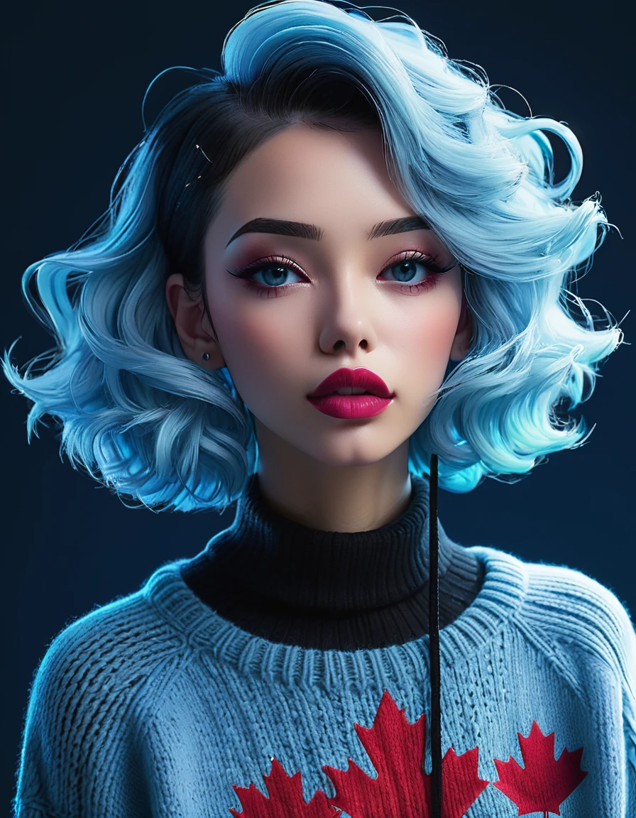 (best quality, sketch:1.2),realistic,illustrator,anime,1 girl, detailed lips,sweater,custom,blue gradient background,neon hair,textured cropping,Canadian, masterpiece, style retro classic, noir dark 