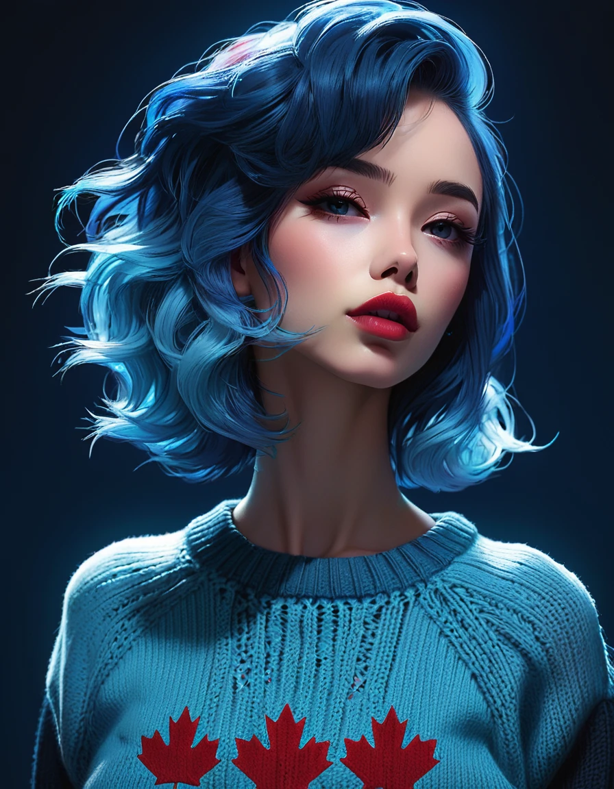 (best quality, sketch:1.2),realistic,illustrator,anime,1 girl, detailed lips,sweater,custom,blue gradient background,neon hair,textured cropping,Canadian, masterpiece, style retro classic, noir dark
