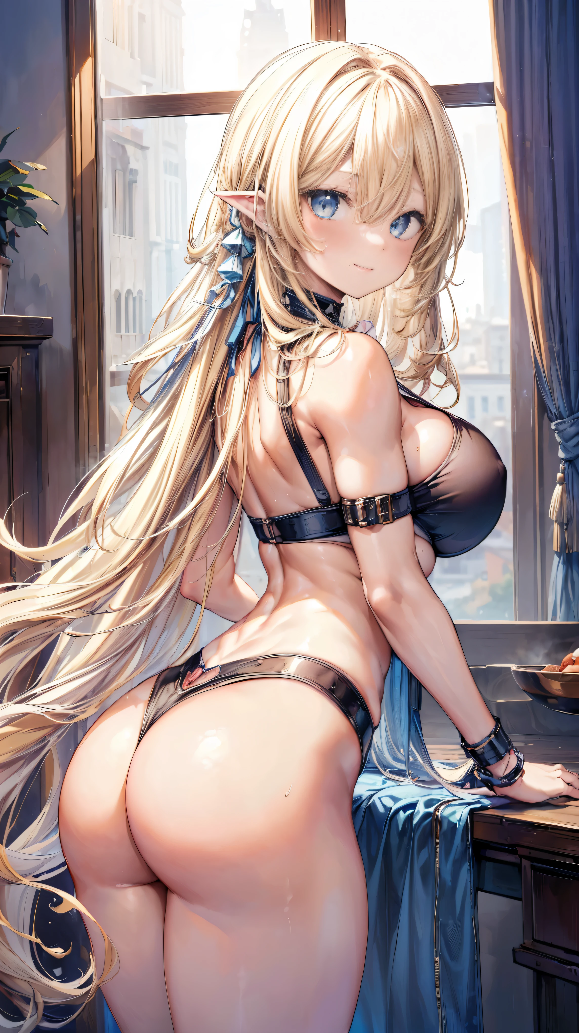 sensual, ((long blonde curly hair)), thick thighs, 8k, 4k, highest quality, High resolution:1.2), cute anime face, noise reduction, ((shining blue eyes, gentle smile, kind eyes))、toned abdominal muscles, muscular arms, muscular legs,  young face, anime eyes, (((big breasts、A chest that is about to burst)))、(((bondage style)))、(((Rear view、I&#39;ll turn around、emphasize the buttocks、T-back that digs into your butt)))、(((white string)))