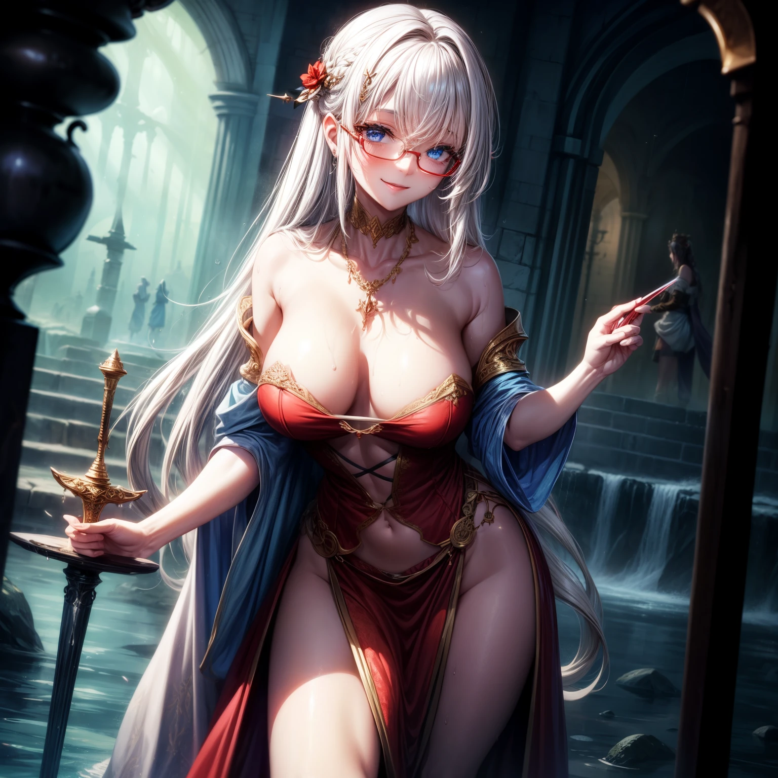 (8k,Super details,The best masterpiece,nature,Perfect work of art,perfect female figure),two women,sister and sister,sisters,Rainbow hair,perfect face,(huge),Neighbor's Wife,woman hairstyle,elegant wife,mature and exposed,20 years old,fair skin,messy hair,Perfect sexy body,Fantasy style different world,The world of swords and sorcery,Wearing a sexy hollow saint dress,Red lace white bottom strapless saint dress,red waistband,navel cutout,Hot and sexy sage saint,wear glasses,Stand in a detailed dungeon,In a dungeon full of monsters,A lot of water was poured on,The whole body is soaked,Want to take off clothes,But happy,Smile,Detail background,necklace,perfect eyes,, T-shaped small size,huge的山雀