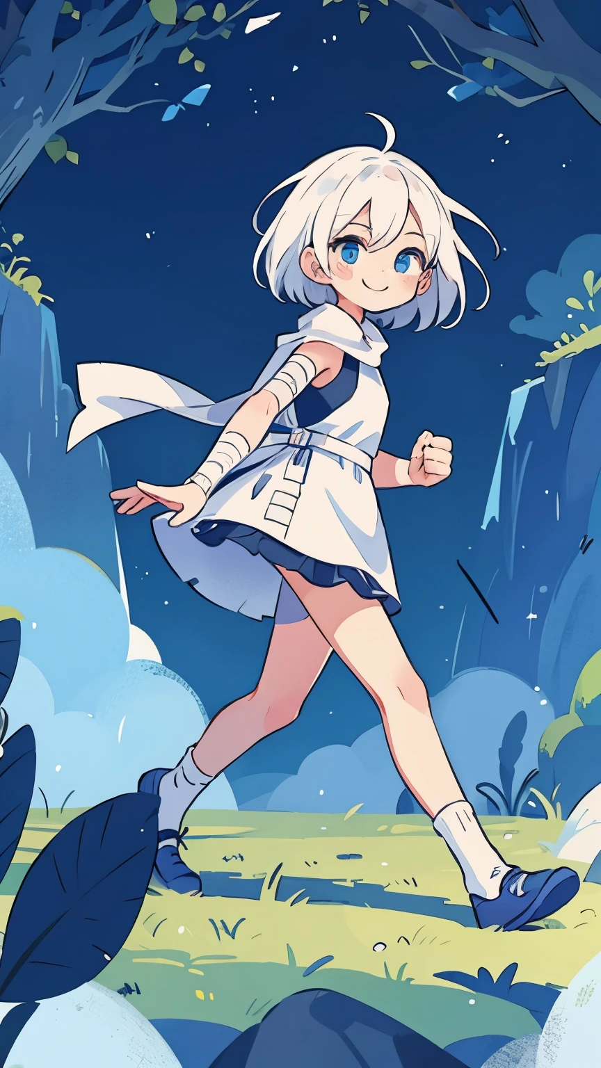girl, bodycon dress, visible, Awkward, Smile, Bandages wrapped around the legs, Fantasy landscape, running, white hair, blue eyes,