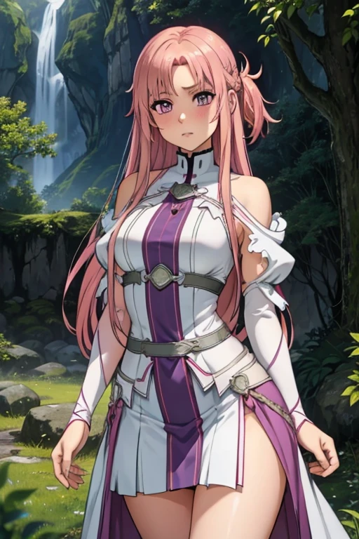 A pink haired woman with violet eyes with an hourglass figure in an Asuna cosplay is blushing in a flurry of in a forest