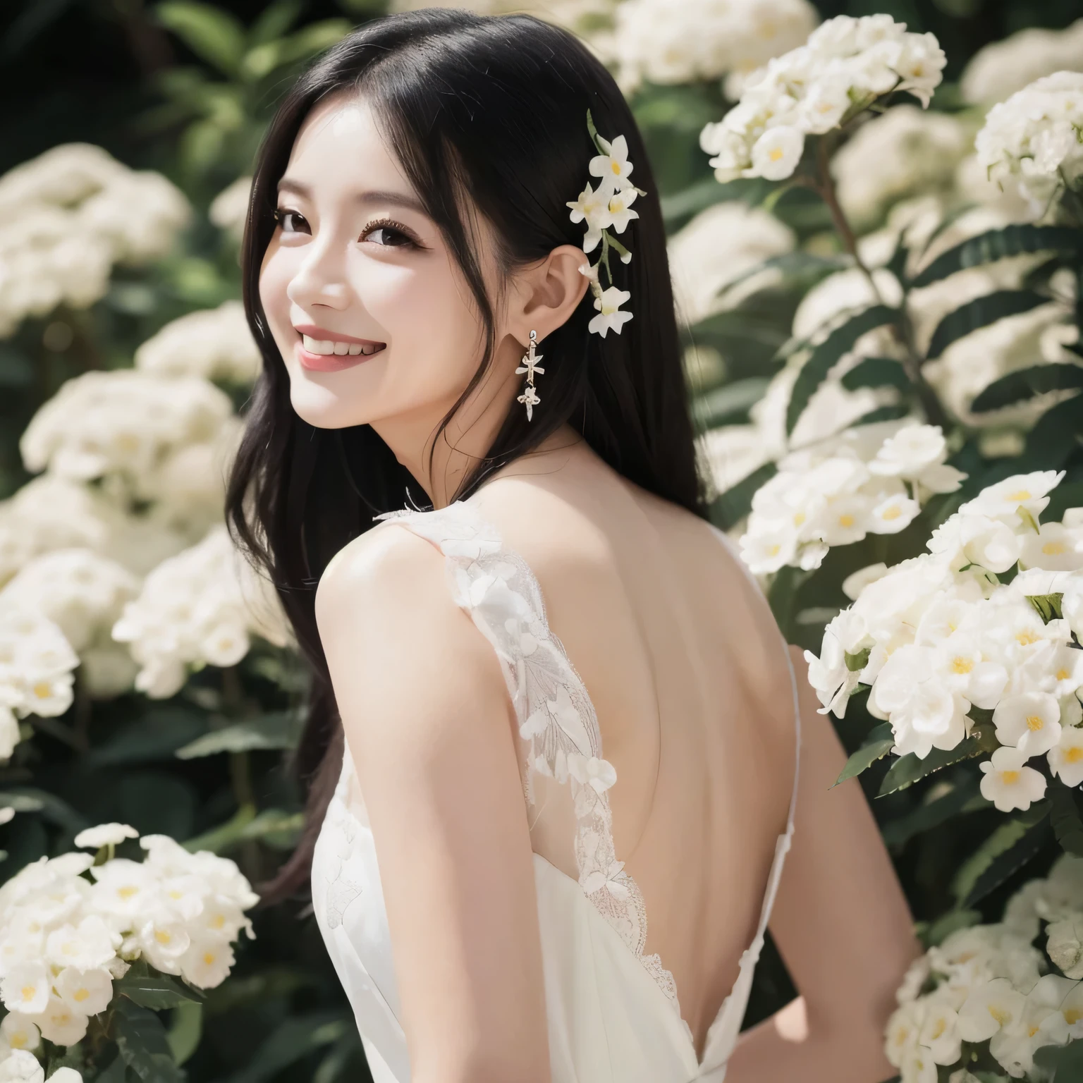 Masterpiece, 1 woman, long black hair, mimosa flowers background, white lace one-piece, small earrings, chuckle smile
5. Premium quali