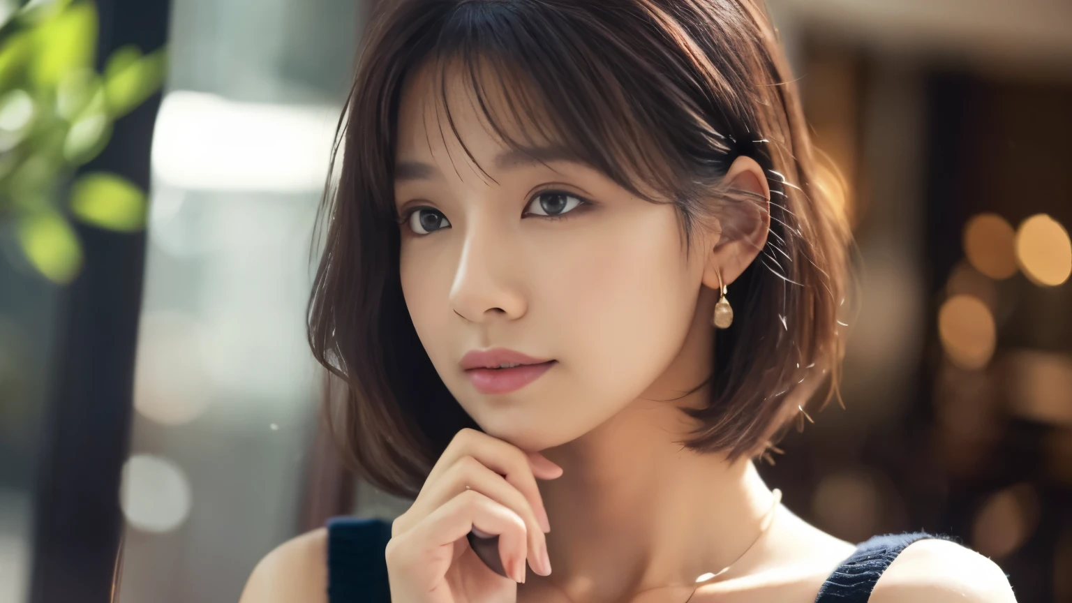 (highest quality、8K、32k、masterpiece、nffsw:1.2)、cute日本人女性の写真、very short bobbed hair、Upper body、surface focus、extra large_sweater、necklace、Background of the café、Viewer looking x4、(8K、RAW photo、highest quality、masterpiece:1.2)、(realistic、Photoreal:1.37)、1 girl、cute、professional lighting、photon mapping、Physically based rendering、gradient brunette hair、short curly hair、Handsome、excellent image quality、High resolution、1080p、(clean face)、(Detailed facial description)、(Detailed hand explanation)、(Masseter muscle part)、(Detailed CG)、 extreme light and shadow、hair is dirty、masterpiece、rich details、(exquisite features)、(best image quality)、(masterpiece)、(detailed eye)、delicate clavicle、Various poses、don&#39;t look at the camera、profile、Photographed inside the cafe、Spring clothes、simple necklace、knit