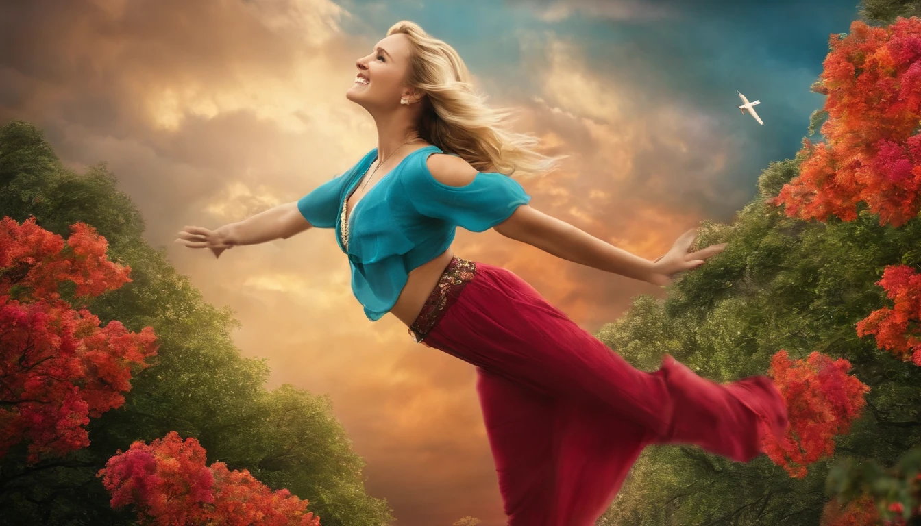Emily Osment flying happily and gracefully in the sky 
