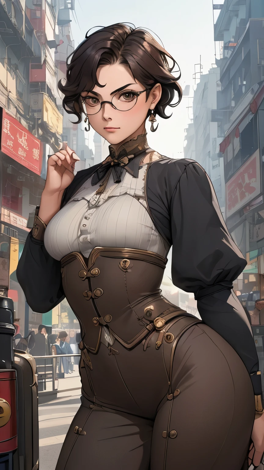 (masterpiece:1.3), (disorganized:1.3), (highest quality:1.3),(perfect anatomy),detailed face,Steam punk, victorian era,Hong kong,Kowloon,horizontal angle,hands,(looking at viewer), (Super detailed:1.3),(best shadow:0.7), solo,1 middle age woman around 40 years old,saggy small breast,(treated hair), pixie cut,curly hair,fine eyes, beautiful eyes, 1 middle age woman, ((small breast)),mechanic,engineer,alone, standing, crystal earrings,closed_mouth, arm_behind_return, (under rim glasses), rest outdoors, intimidating pose,cowboy shot